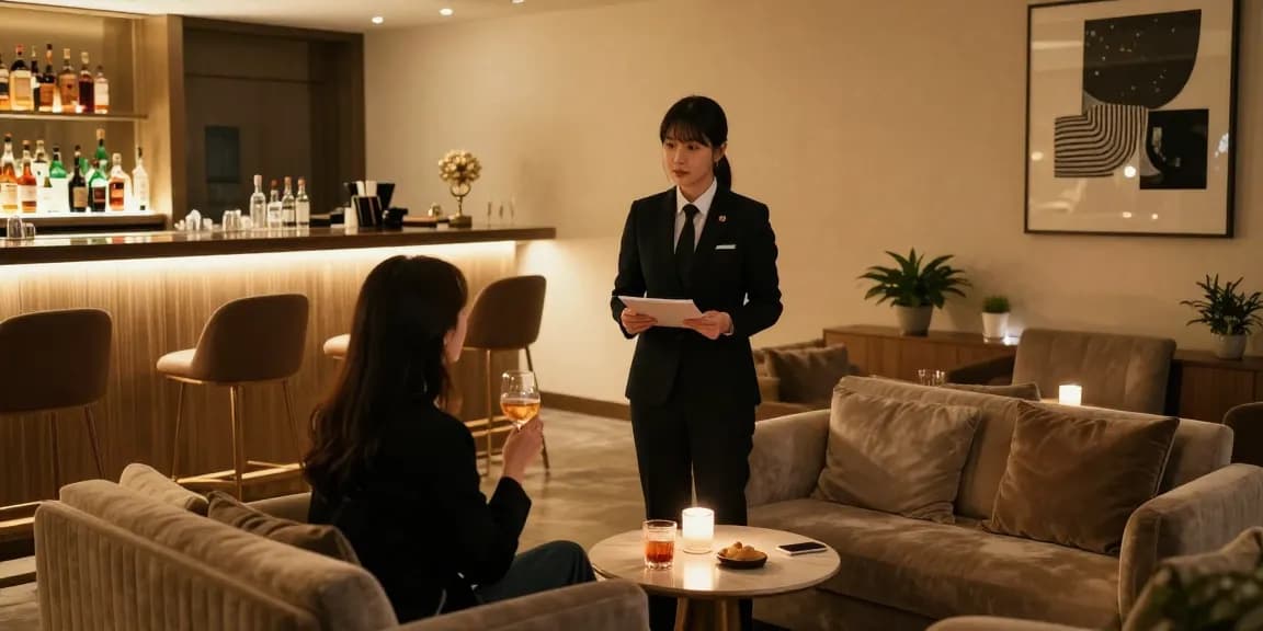 강남블랜딩의 고급스러운 실내에서 손님과 매니저가 교류하는 모습