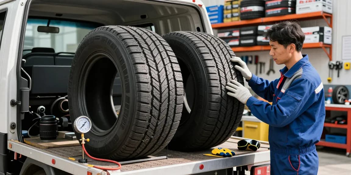 Double Coin RR99 tires showcased in a mechanic’s workshop, highlighting tire tread quality for optimal performance.