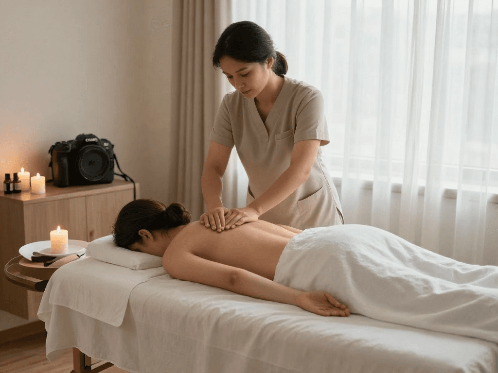 잠실출장마사지 therapy environment with soothing candles and soft lighting promoting relaxation.