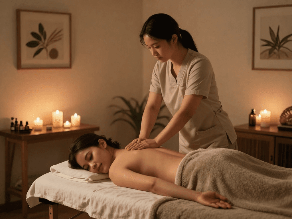 Relaxing 출장마사지 scene with a professional therapist and tranquil ambiance
