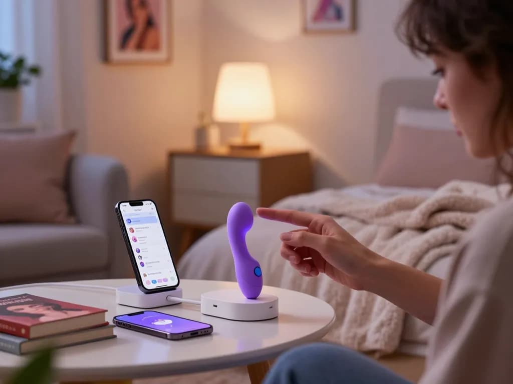 Exploring ai sex technology in a modern intimate bedroom with an AI-enabled device and smartphone app.
