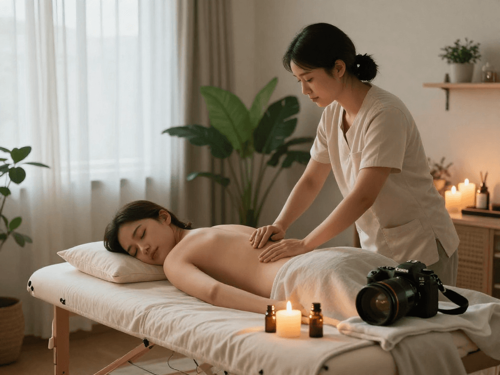 Client receiving 마포출장마사지 in a peaceful living room setting with candles and plants.