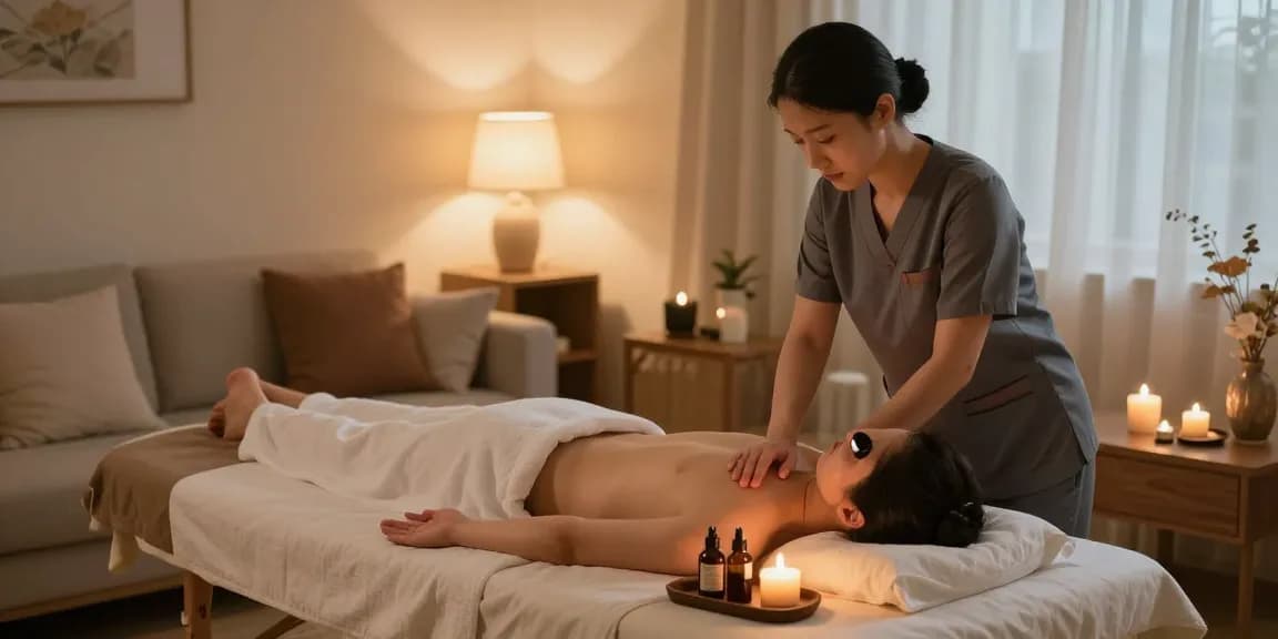 러시아마사지 세션을 위한 아늑한 공간, 마사지 치료사가 편안한 환경을 조성하고 있는 모습