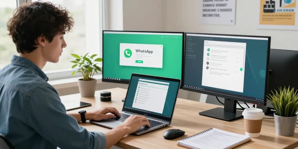 Dynamic workspace with WhatsApp網頁版 on dual monitors, showcasing productivity and digital communication.