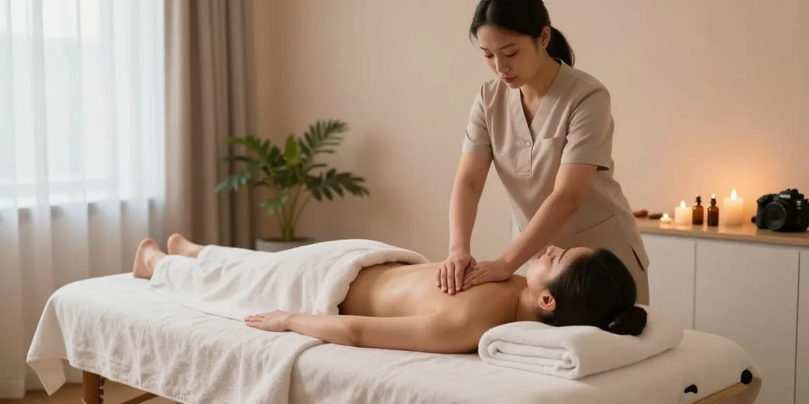 대전마사지와 편안한 스웨디시 마사지 중인 모습, 아늑한 마사지 스튜디오의 분위기