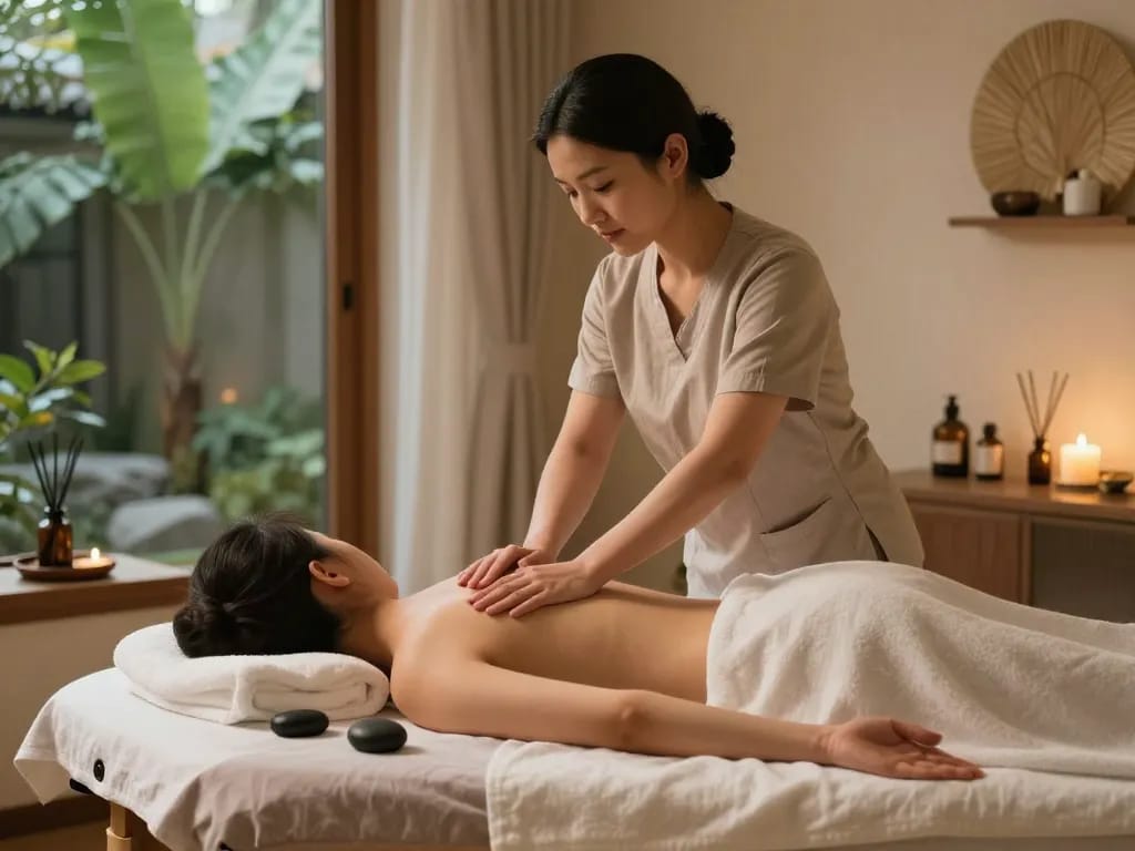 웰빙과 휴식을 위한 오피스타 서비스를 선보이는 평화로운 환경에서의 편안한 마사지 테라피 세션.