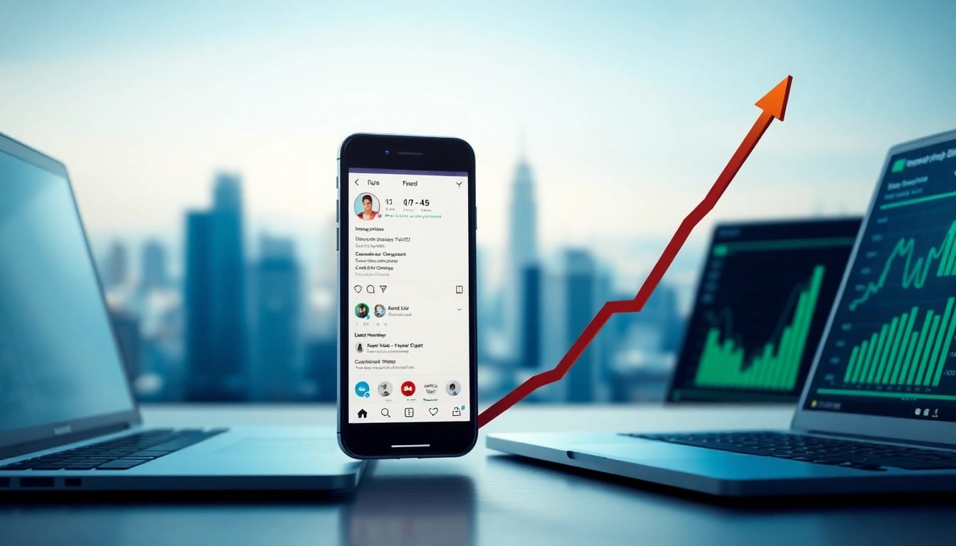 instagram フォロワー 購入を通じて成長するSNSアカウントのグラフとスマートフォンの画像
