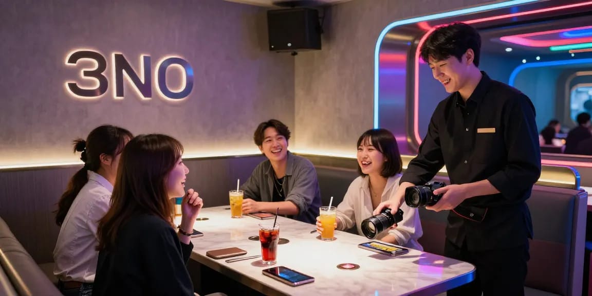 인천쓰리노 분위기의 현대적 노래주점에서 친구들이 즐겁게 시간을 보내는 모습