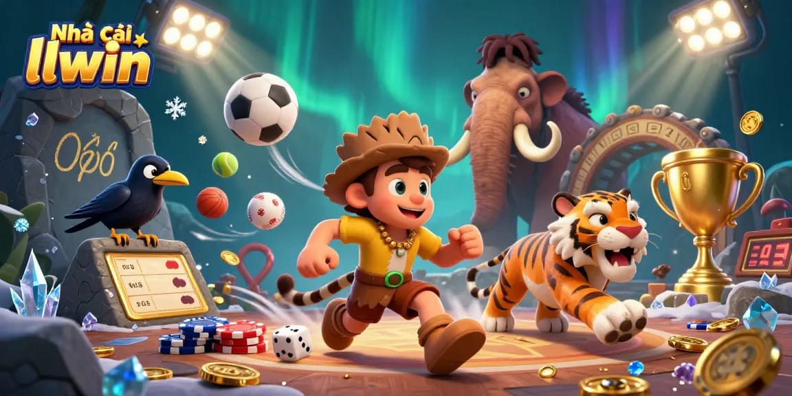 Engage in lively gaming at Nhà cái llwin with a vibrant 3D casino scene showcasing prehistoric characters and dynamic game elements.