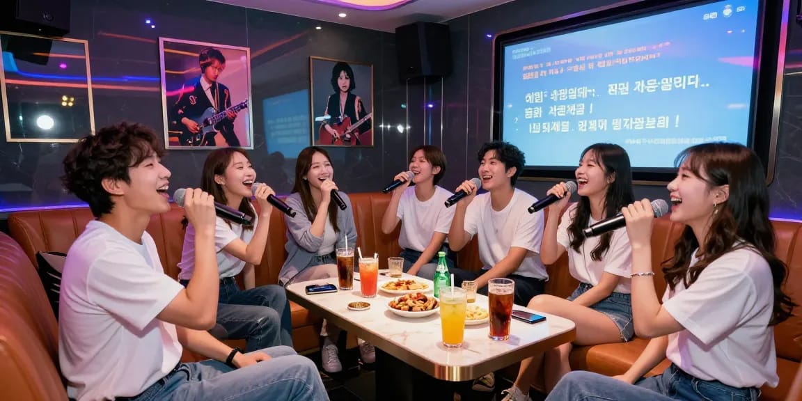 강남가라오케에서 친구들과 함께 노래를 부르며 즐거운 시간을 보내는 모습