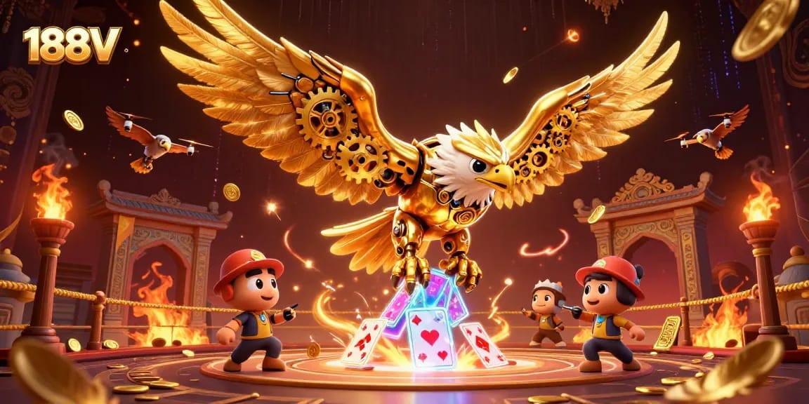 Bet on 188V with an exciting cybernetic eagle soaring through holographic playing cards.