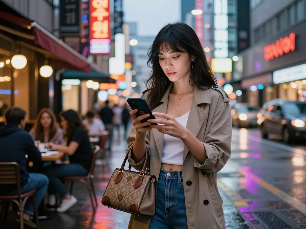 활기찬 도시의 불빛에 둘러싸여 나이트라이프 경험을 위한 오피스타 앱을 탐색하는 여성의 도시 풍경.