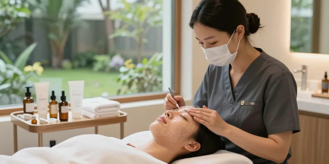 물광필링 시술을 받는 고객과 전문가의 모습, 편안한 스파 환경에서 진행되고 있는 시술