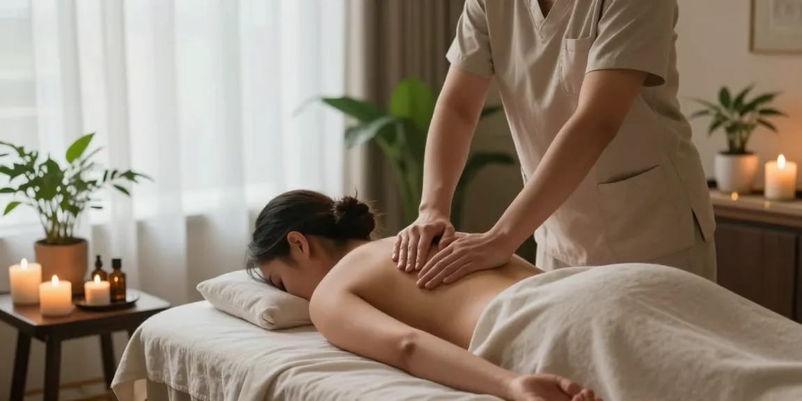 마사지 치료 중인 세련된 스파 환경과 아로마 캔들.