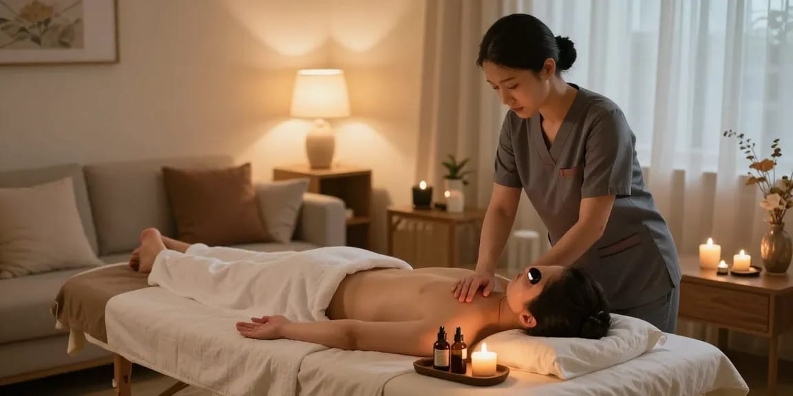 러시아마사지 세션을 위한 아늑한 공간, 마사지 치료사가 편안한 환경을 조성하고 있는 모습