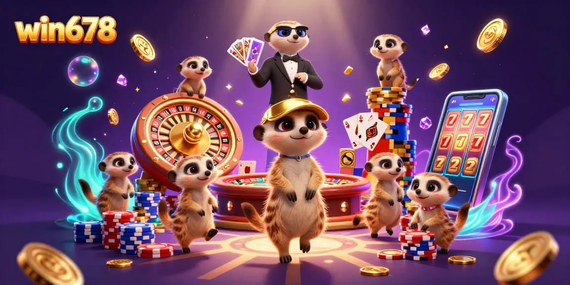 Win678 watch as adorable meerkats perform at a lively casino scene, filled with vibrant chips and games.