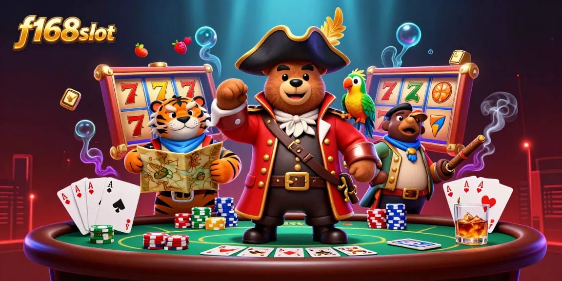 Engage in thrilling f168slot action with vibrant 3D characters, slot reels, and interactive gaming elements.