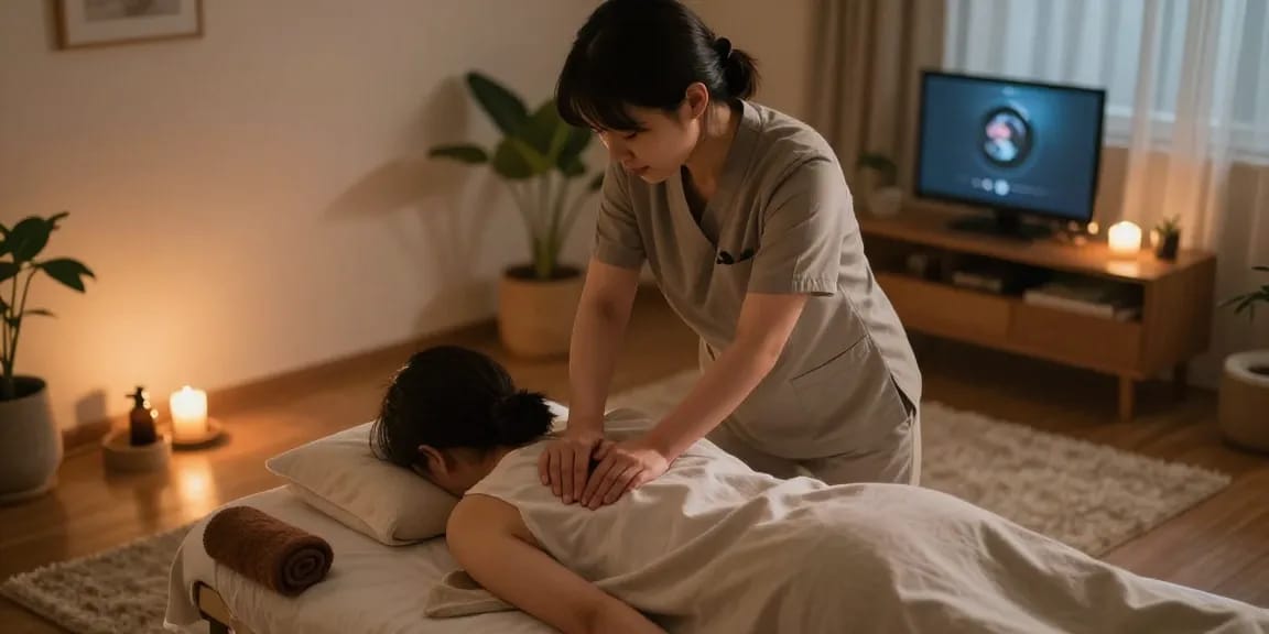 Calm evening home massage scene showcasing 의정부출장마사지 services with a professional therapist and relaxing environment.