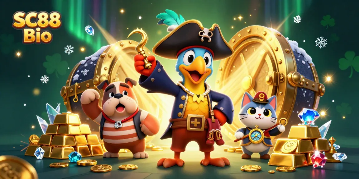 Engage with SC88 Bio in a vibrant casino themed scene featuring cartoon characters and golden treasures.