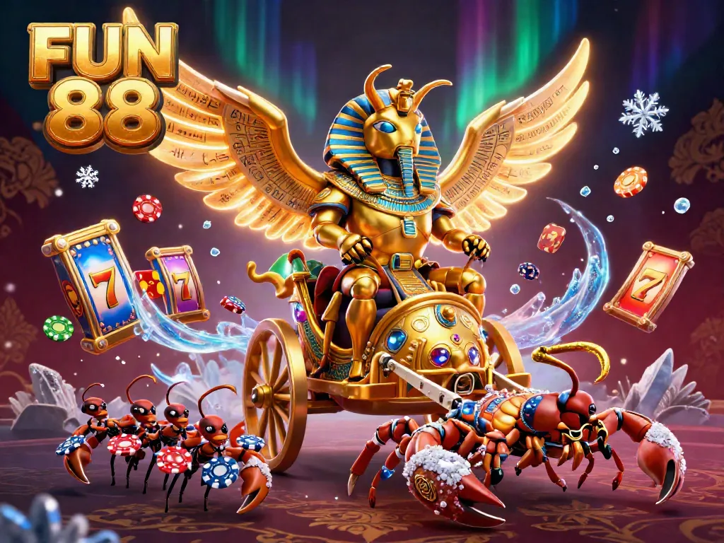 Engage with FUN 88's colossal golden beetle winning big at slots, surrounded by sparkling jackpot elements.