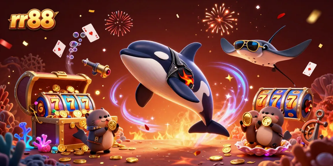 rr88 engages gamblers with a vibrant scene showcasing an orca, stingray, and otters celebrating wins with gold coins.