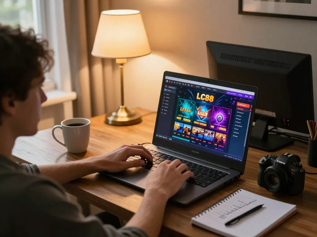 Engaging online gaming experience at LC88 with a player strategizing on their laptop.