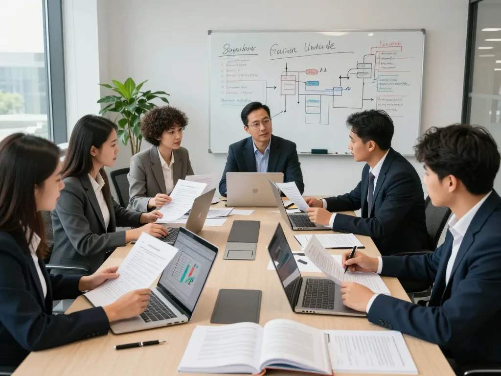 전문 사무실 환경에서 문서와 기술 텍스트를 가지고 특허 번역에 협력하는 전문가들.