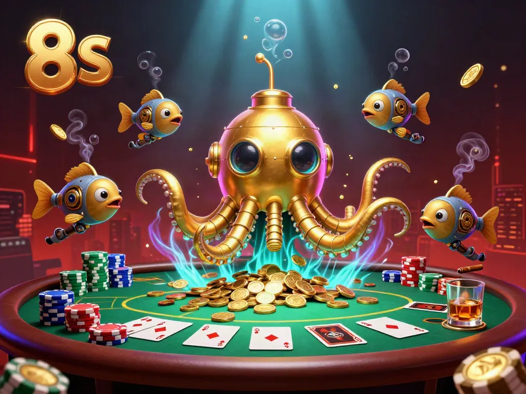 8 S showcasing a colorful poker scene with a golden kraken submarine and mechanical fish amid a sea of coins.
