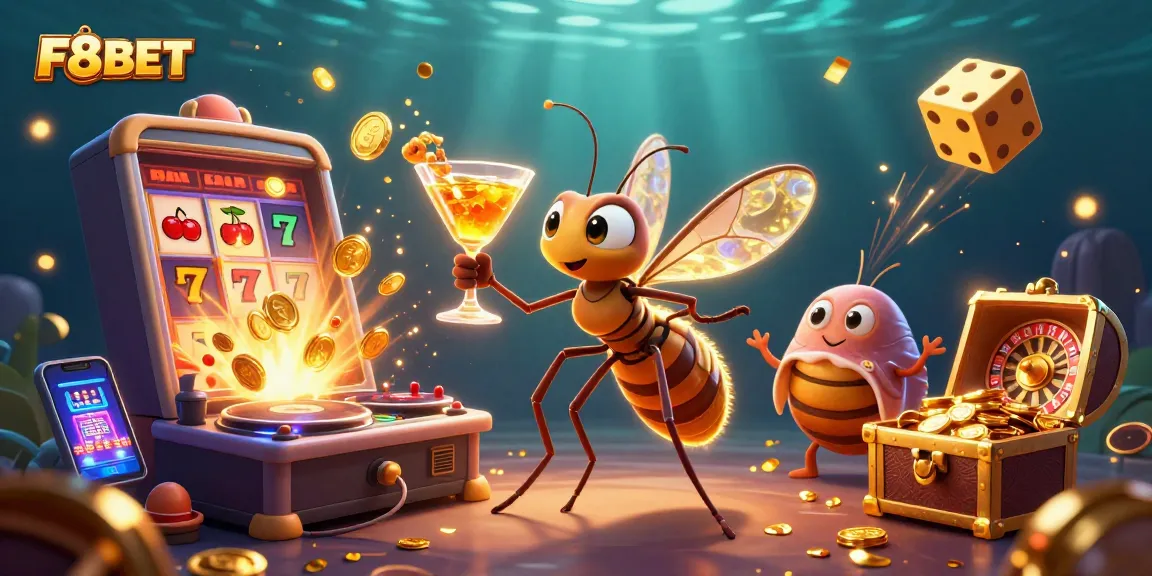Experience the vibrant casino energy of F8BET with a 3D illustrated scene featuring dynamic gaming elements.