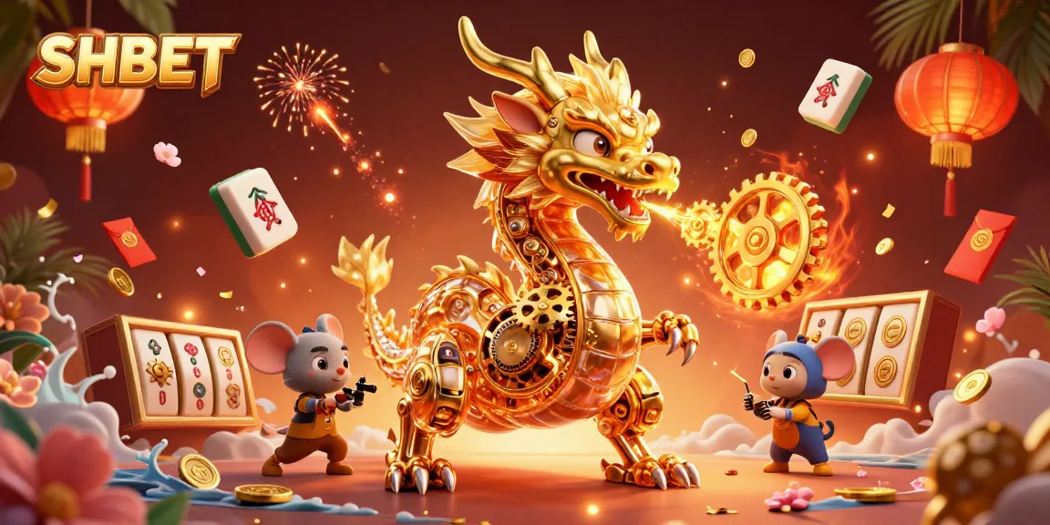 SHBET offers thrilling slots with a golden dragon centerpiece and vibrant casino elements.