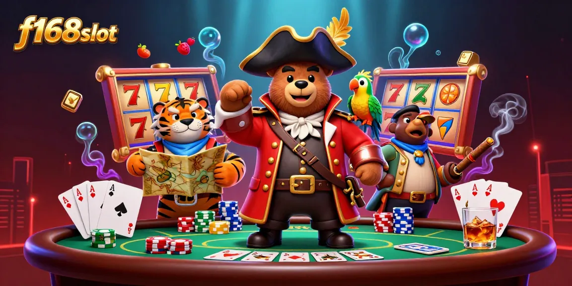Engage in thrilling f168slot action with vibrant 3D characters, slot reels, and interactive gaming elements.