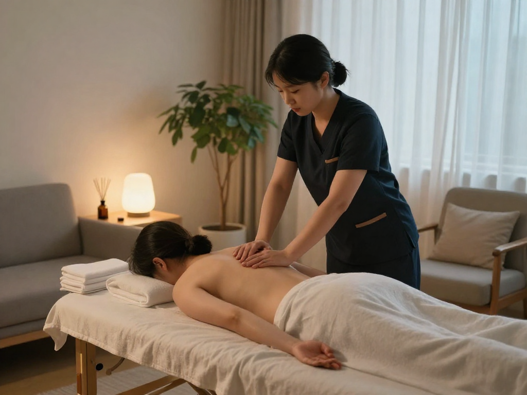 Client receiving 의정부출장마사지 in a calm home environment, showcasing professional home care service