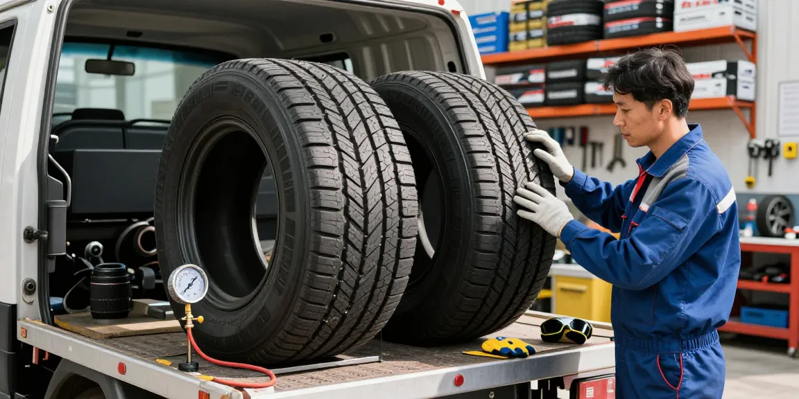 Double Coin RR99 tires showcased in a mechanic’s workshop, highlighting tire tread quality for optimal performance.