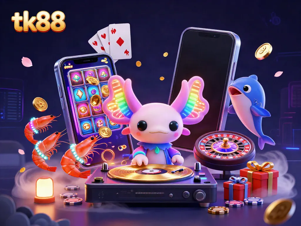 tk88 slot game illustration featuring neon axolotl DJ and lively sea creatures promoting online gambling