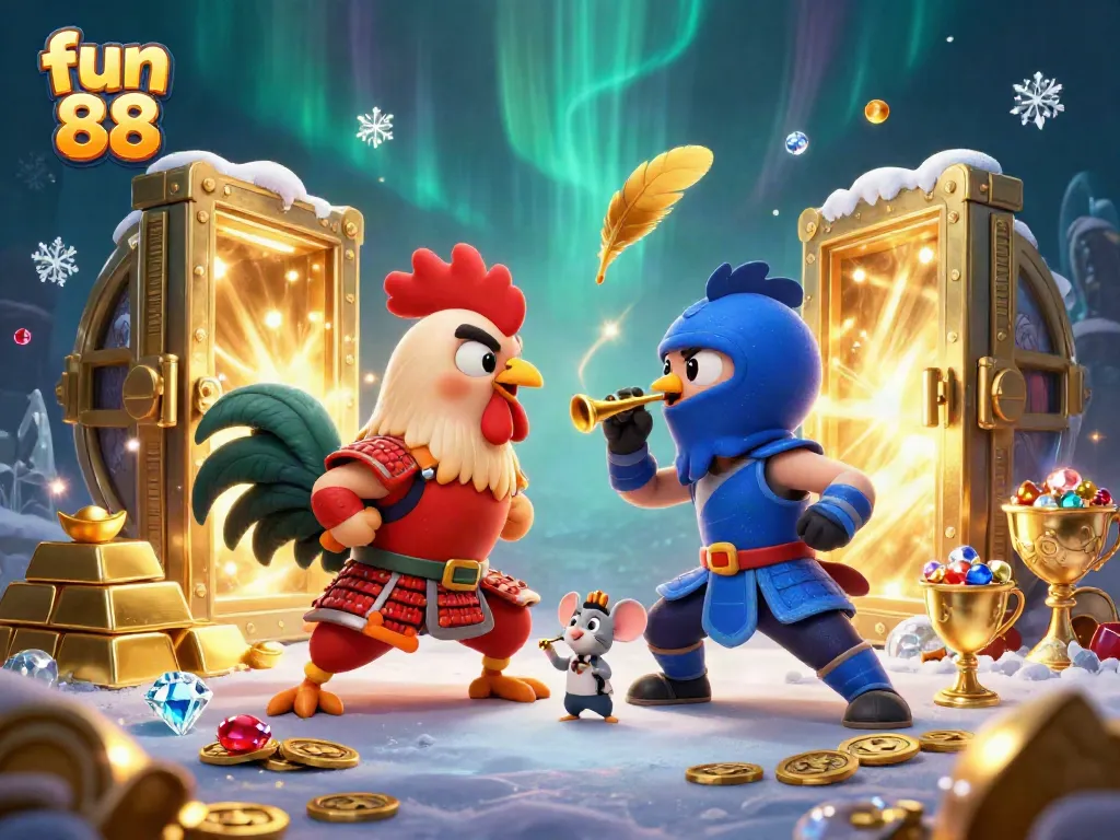 Experience the thrill of fun 88 with a dynamic fighting rooster scene featuring gold rewards.