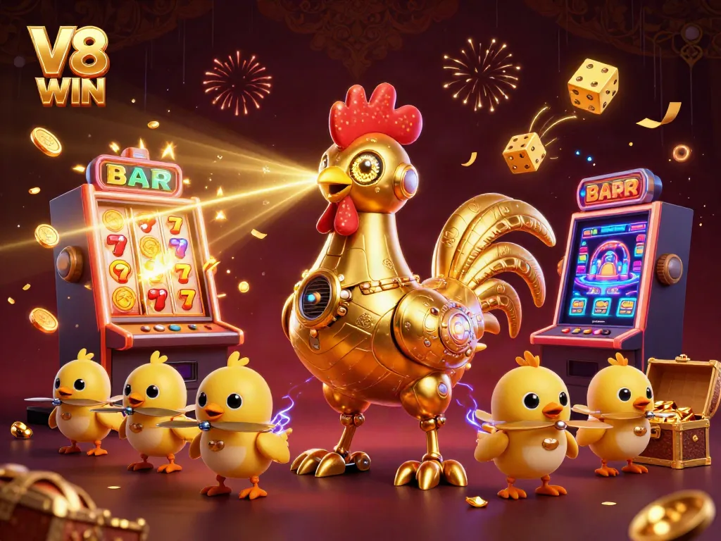 Engage with slots and jackpots in an exciting V8 WIN casino scene featuring a golden rooster robot.