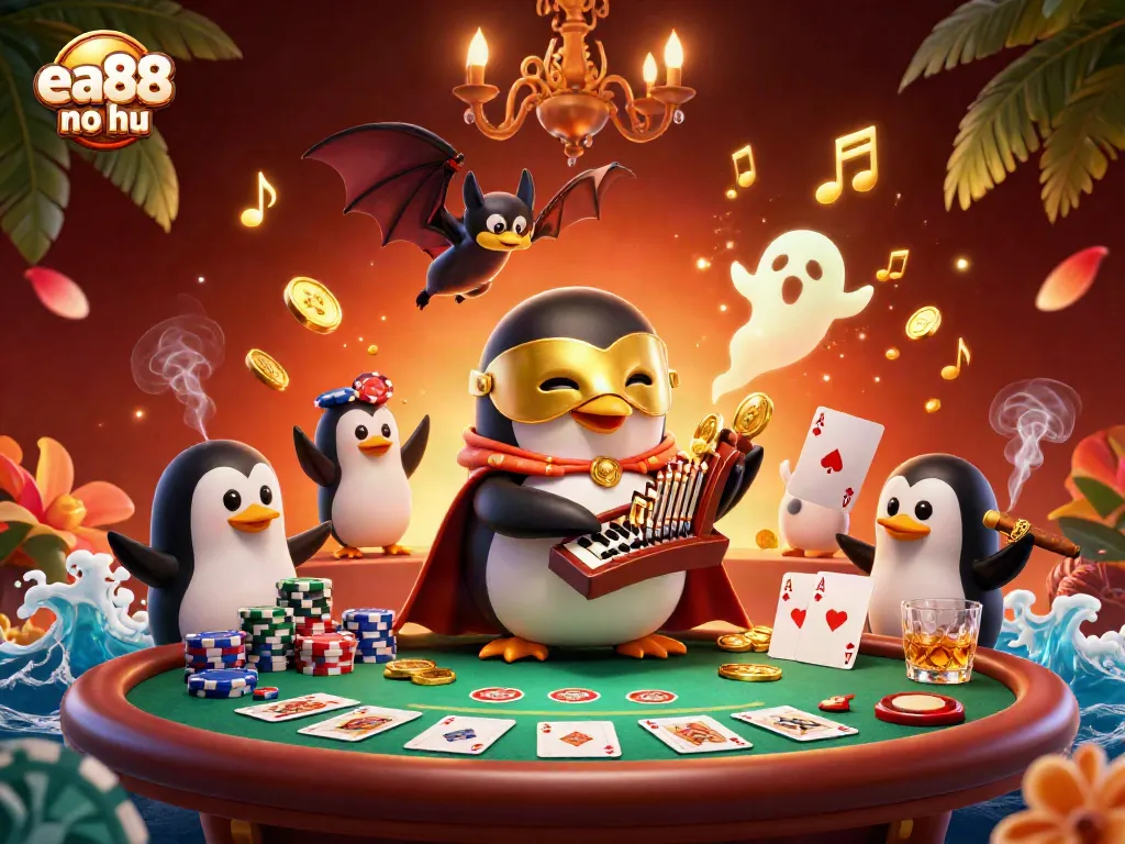 Experience the magic of ea88 no hu with a vibrant 3D casino scene featuring a penguin virtuoso.