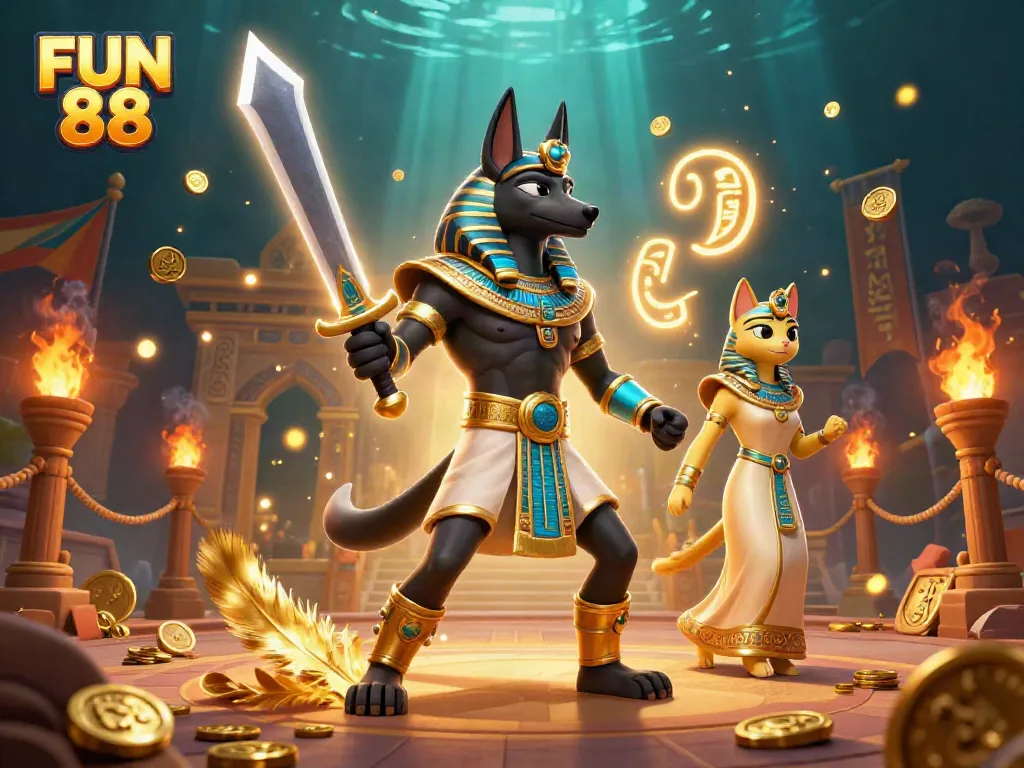 Engage in the thrilling gaming world of FUN 88, showcasing vibrant characters and dynamic casino elements.