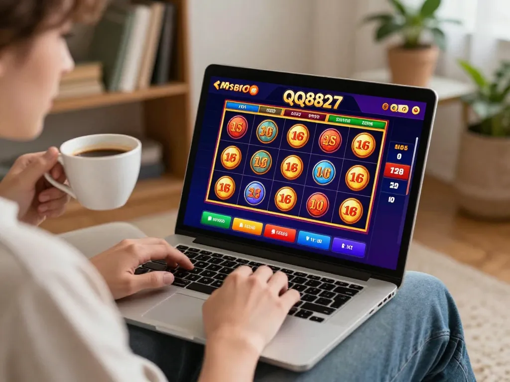 Engaging gameplay on qq8827 online casino platform with vibrant slot games in cozy home setting.