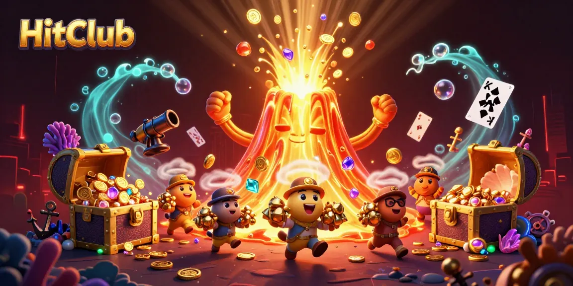 HitClub erupts with golden treasures in a vibrant, dynamic casino adventure scene.
