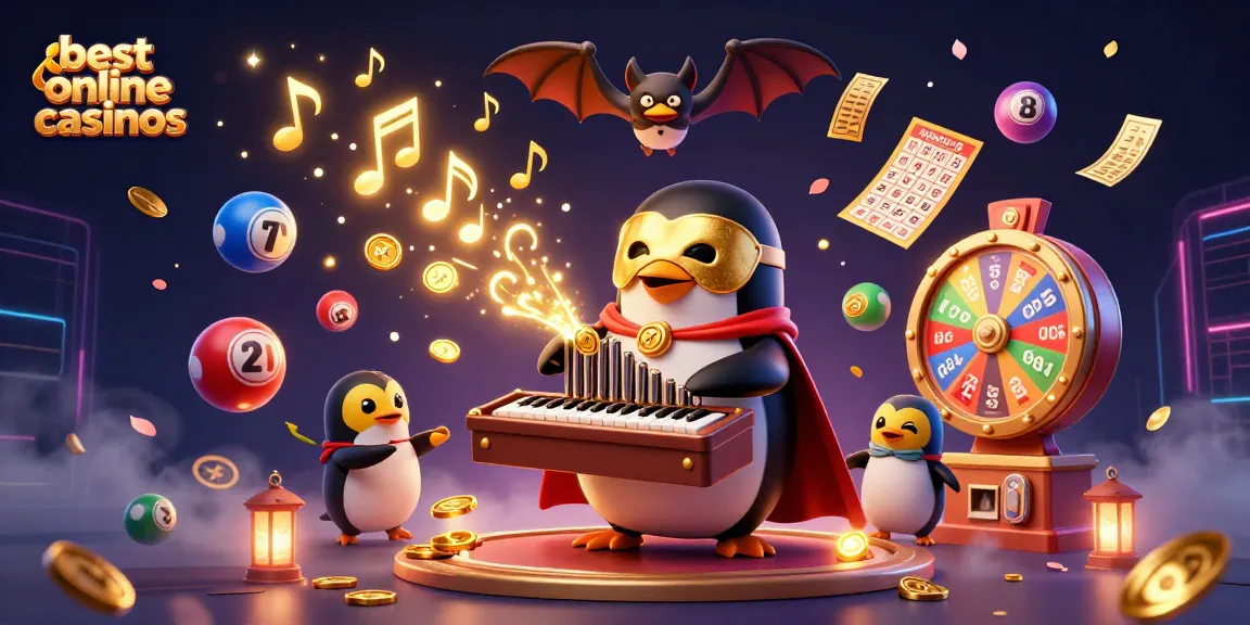 A vibrant 3D scene showcasing the best online casinos with a penguin playing a pipe organ, surrounded by lottery elements and games.