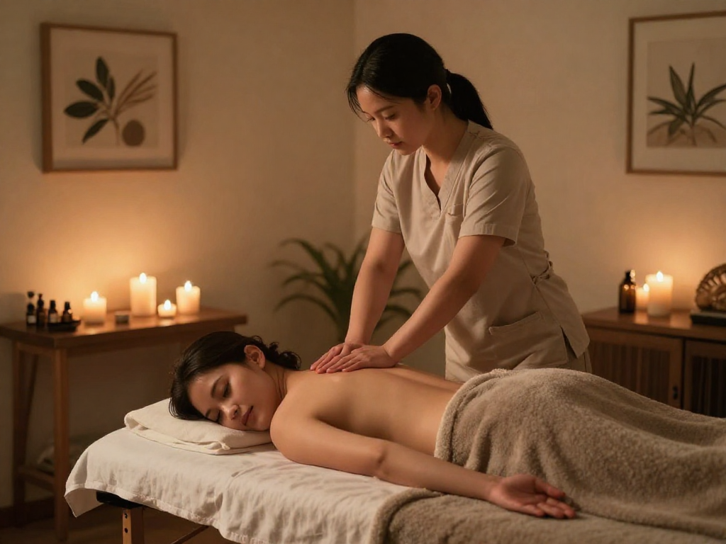 Relaxing 출장마사지 scene with a professional therapist and tranquil ambiance