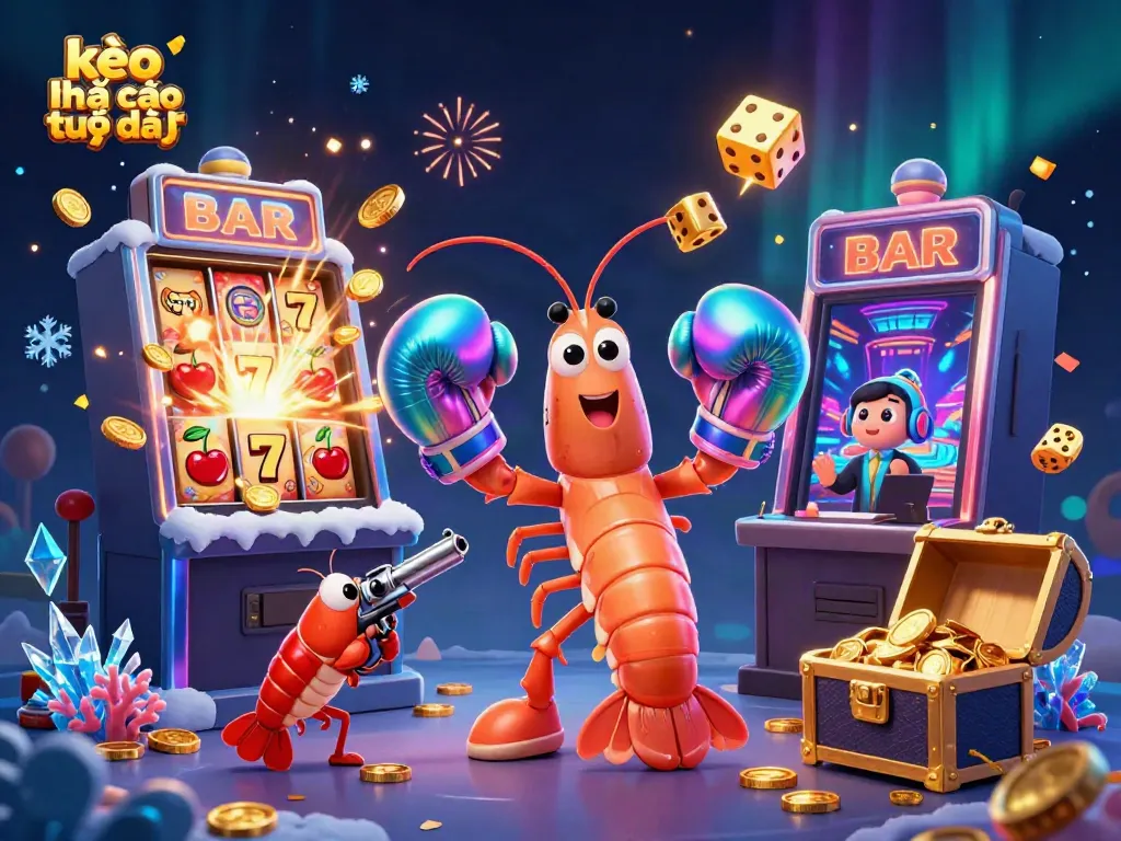 Engage with kèo nhà cái trực tiếp through this dynamic 3D scene featuring colorful casino elements and lively characters.