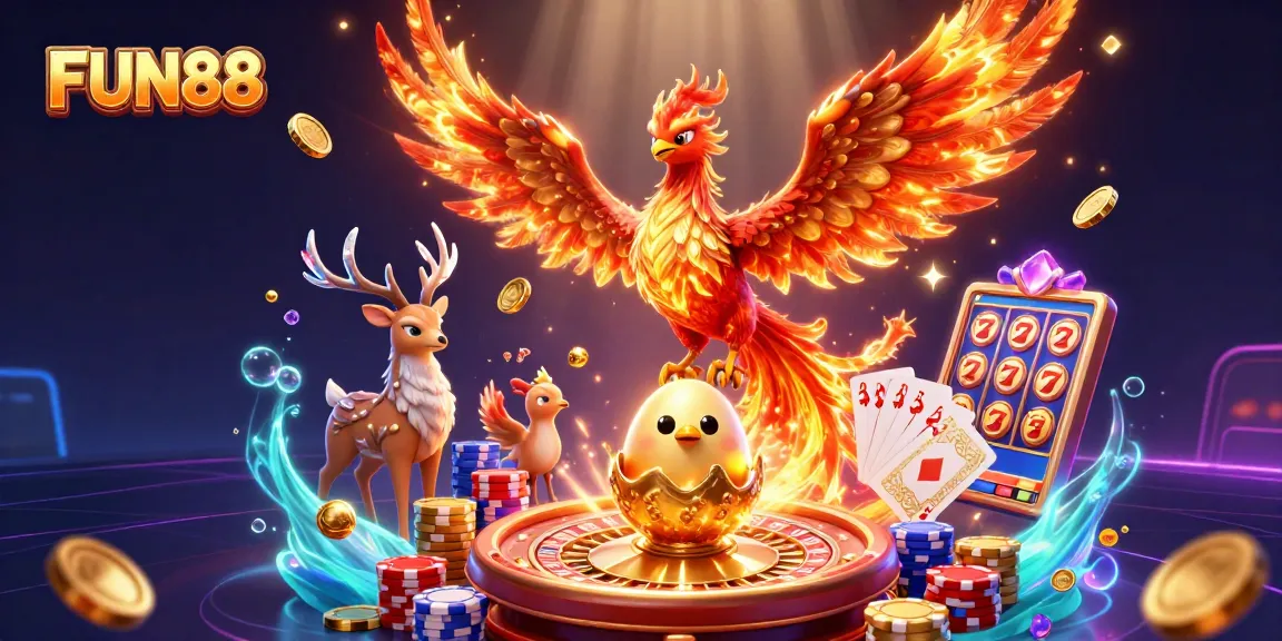 Experience winning excitement with FUN88 in this vibrant 3D casino illustration.