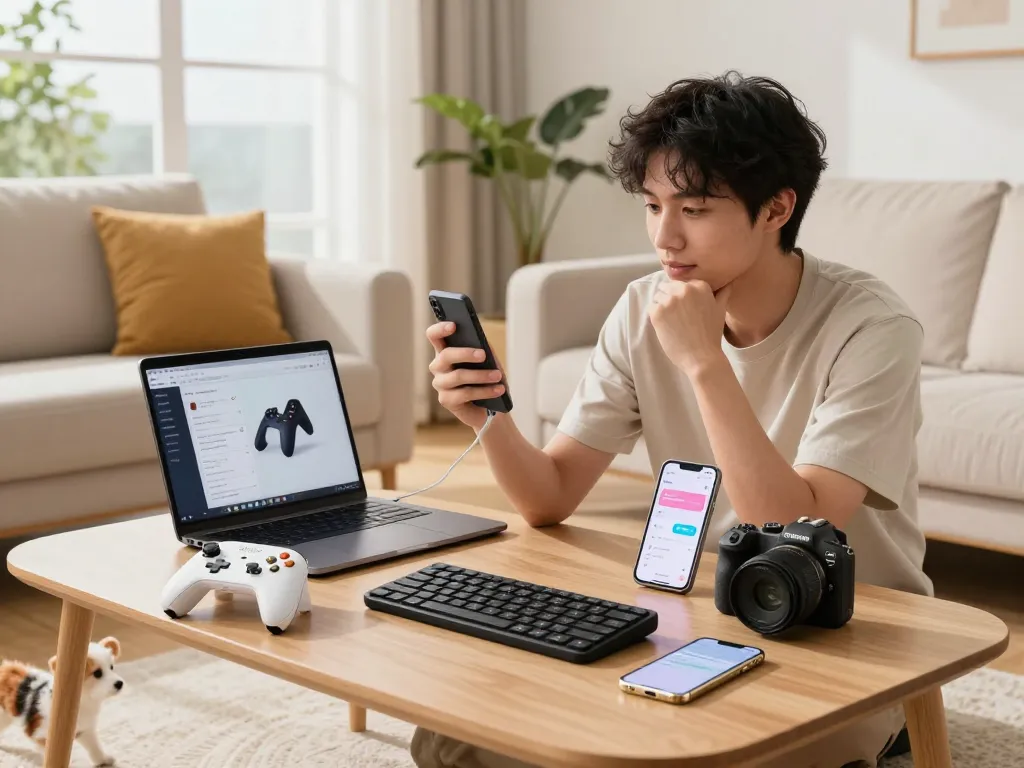 Explore affordable tech gadgets showcased in a cozy living room with a young adult enthusiast testing innovative devices.