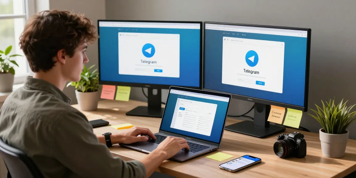 Using the Telegram web version on a sleek laptop in a modern workspace, showcasing productivity.
