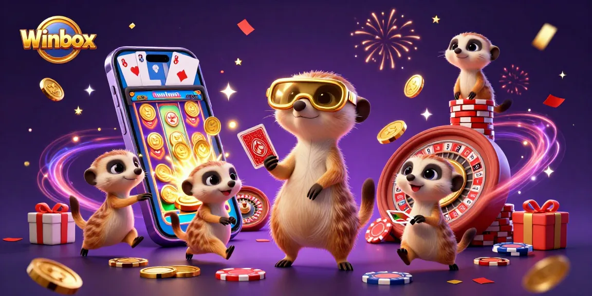 Winbox gaming scene with meerkats in elaborate casino, showcasing vibrant slot games and festive elements.