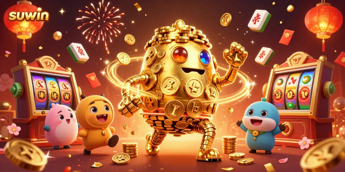 Experience thrilling gaming action with suwin's golden golem amidst vibrant casino elements.