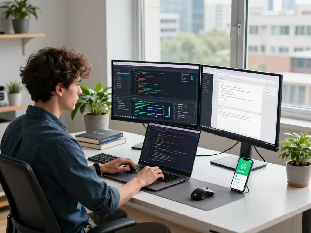 Developer using clawdbot ai on multiple screens in a modern workspace with coding visuals.