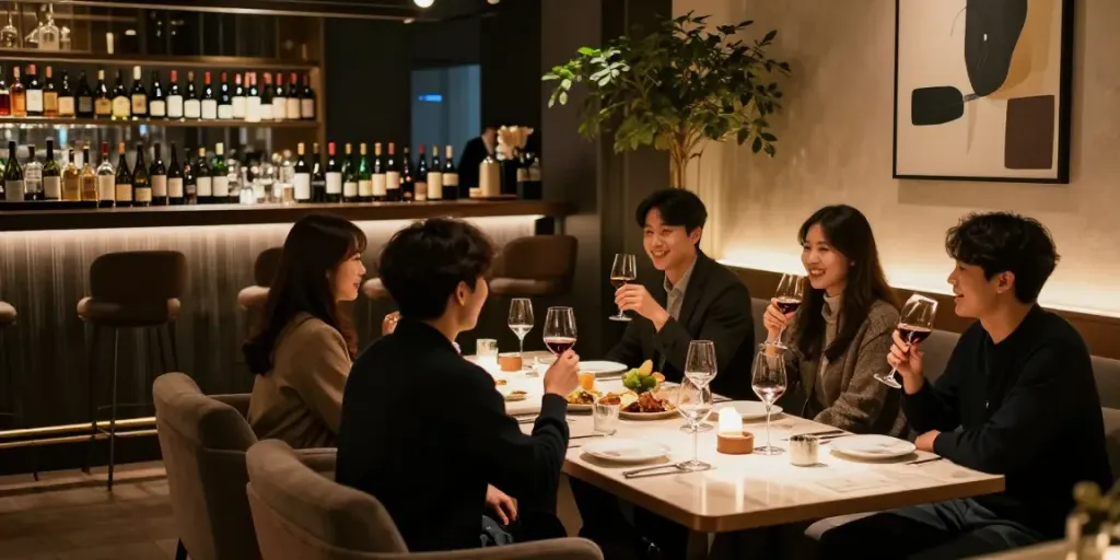 강남구구단에서 친구들과 즐거운 대화를 나누고 있는 장면, 고급스러운 인테리어와 조명이 돋보임.